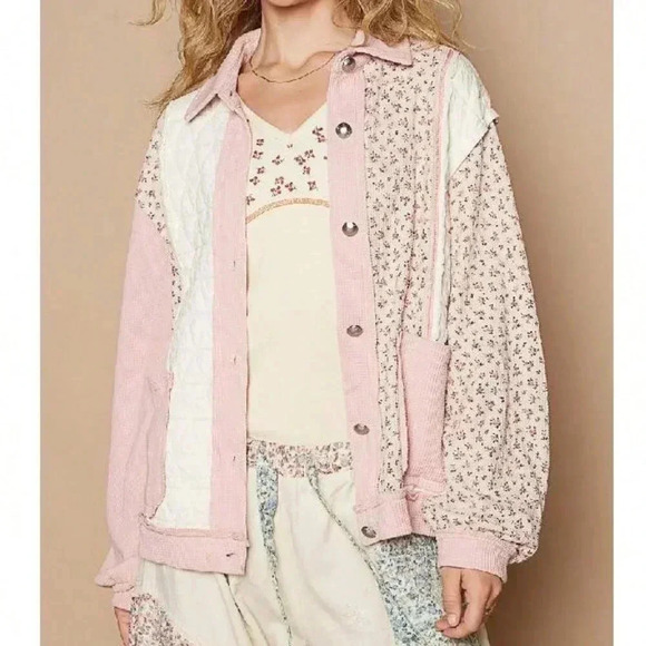 Pink Multi Casual Women's Floral Exposed Seam Button Up Quilted Jacket - Picture 4 of 5